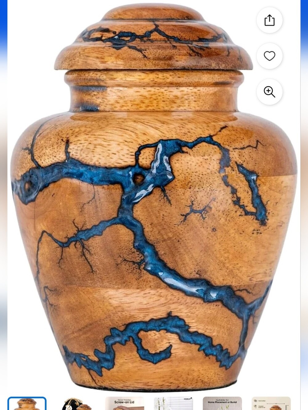 Handcrafted Blue Resin Inlay Wood Urn - Natural Brown